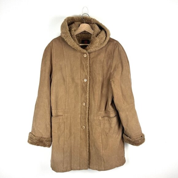 Vintage Y2K Gallery Hooded Suede Leather Penny Lane Coat Faux Fur Trim Sz L Warm - Picture 2 of 12